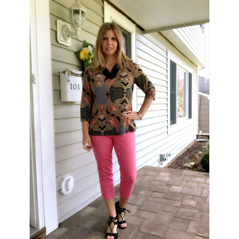 Paisley print top with jeweled neck line